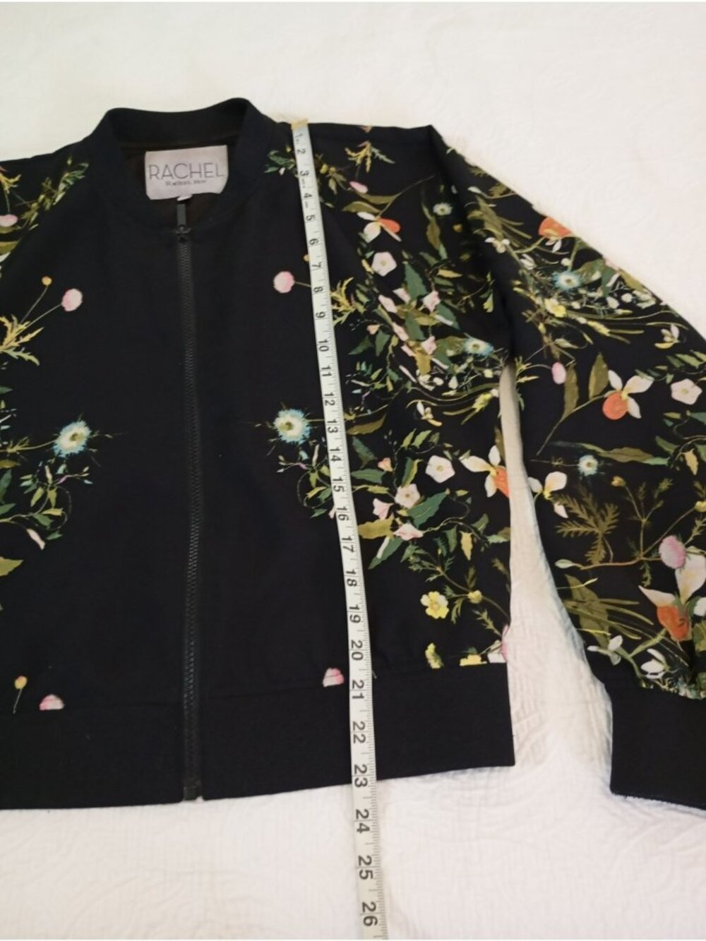 Rachel Roy Black Bomber Jacket With Floral Print Zip Closure Medium Womens - Picture 9 of 10